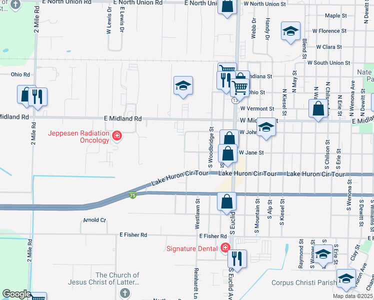 map of restaurants, bars, coffee shops, grocery stores, and more near 1302 West Jane Street in Bay City