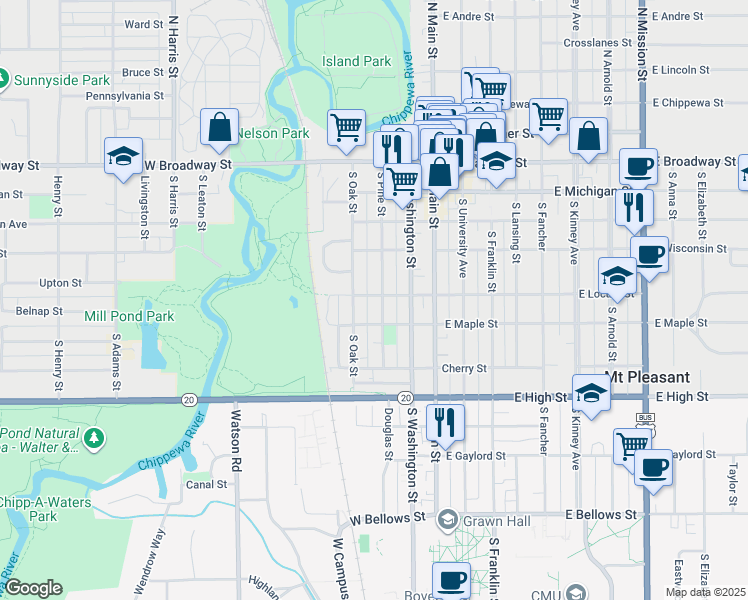 map of restaurants, bars, coffee shops, grocery stores, and more near 216 West Locust Street in Mount Pleasant