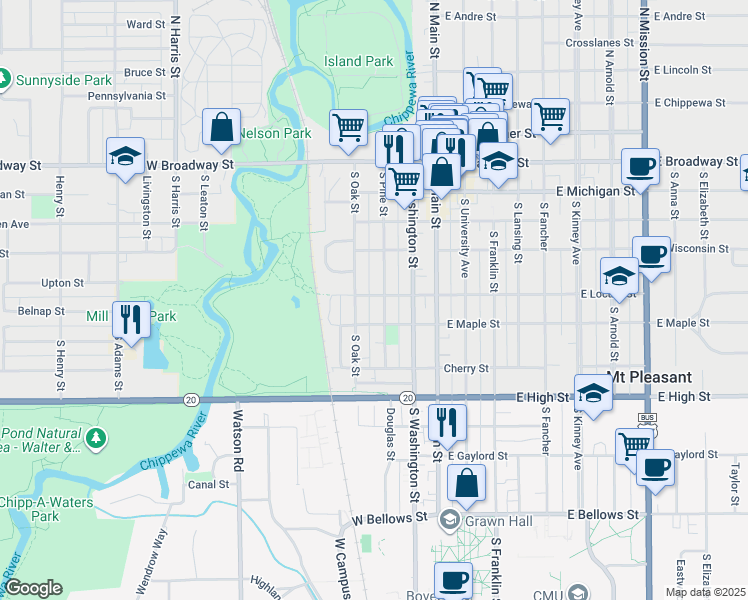 map of restaurants, bars, coffee shops, grocery stores, and more near 320 West Locust Street in Mount Pleasant