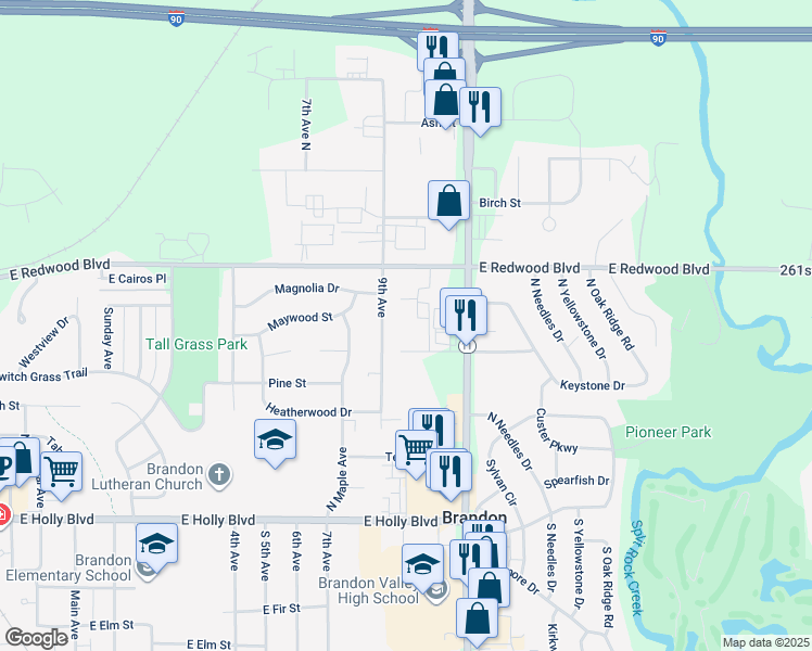 map of restaurants, bars, coffee shops, grocery stores, and more near 1224 Keystone Drive in Brandon
