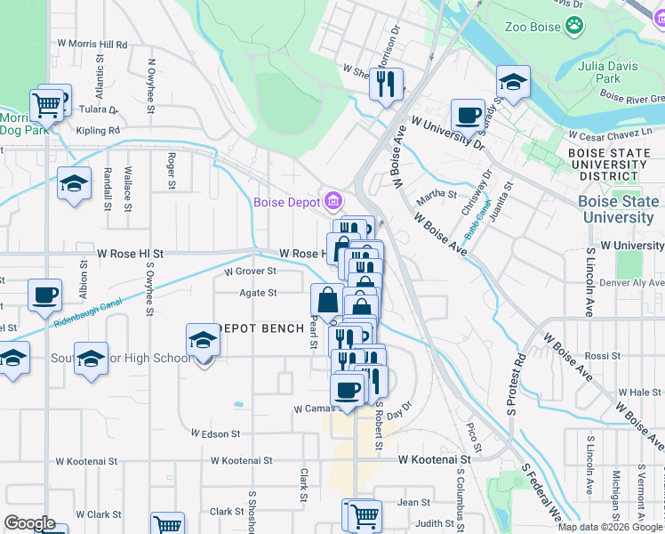 map of restaurants, bars, coffee shops, grocery stores, and more near 2721 Rose Hill Street in Boise