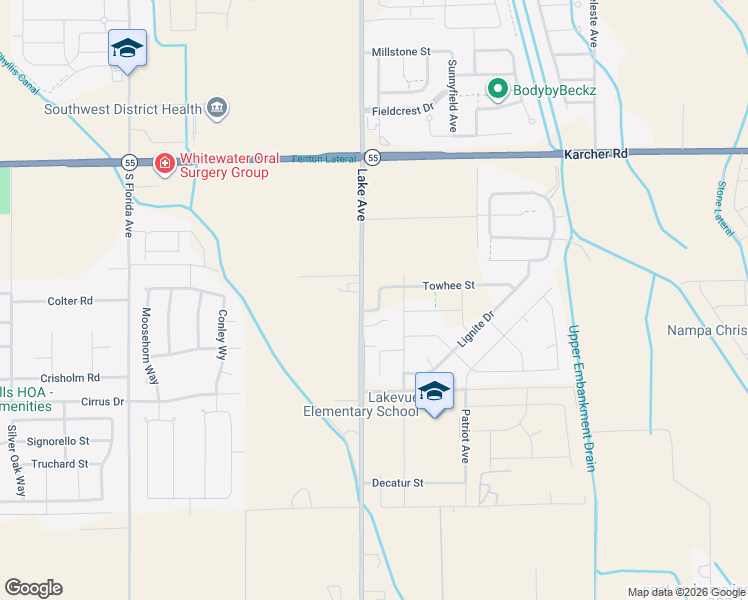 map of restaurants, bars, coffee shops, grocery stores, and more near 15722 Lake Avenue in Nampa