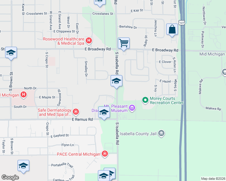 map of restaurants, bars, coffee shops, grocery stores, and more near 2742-2810 South Isabella Road in Mount Pleasant