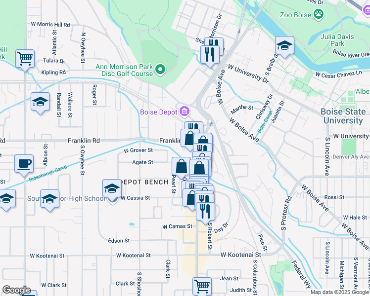 map of restaurants, bars, coffee shops, grocery stores, and more near 2688 Grover Court in Boise