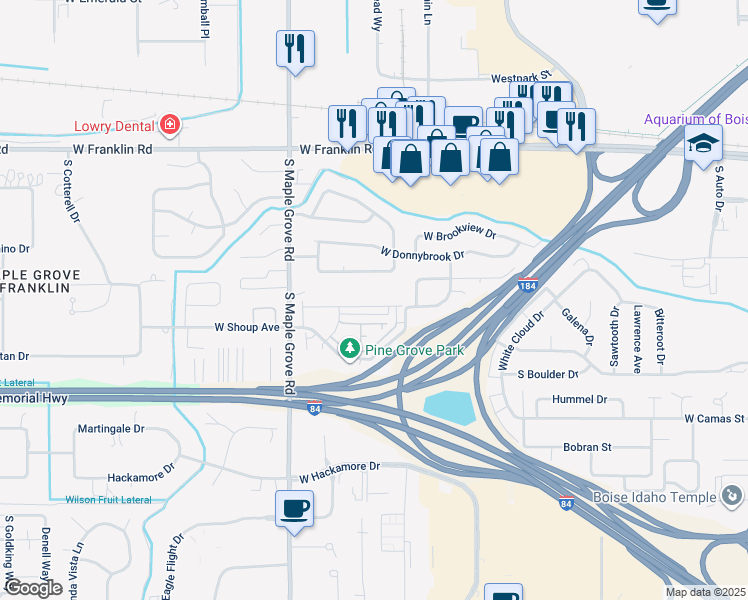 map of restaurants, bars, coffee shops, grocery stores, and more near 8724 West Evening Star Lane in Boise