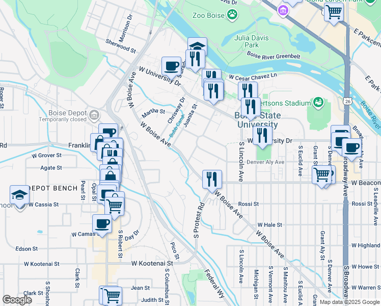 map of restaurants, bars, coffee shops, grocery stores, and more near 1619 South Joyce Street in Boise