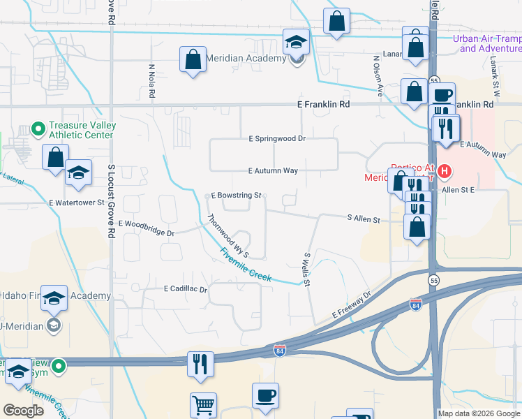 map of restaurants, bars, coffee shops, grocery stores, and more near 513 South Woodhaven Avenue in Meridian