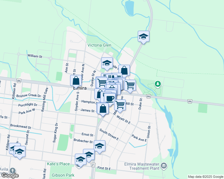 map of restaurants, bars, coffee shops, grocery stores, and more near 10 Church Street West in Elmira