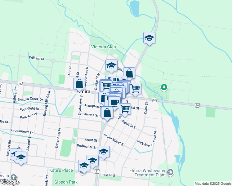 map of restaurants, bars, coffee shops, grocery stores, and more near 10 Church Street West in Elmira