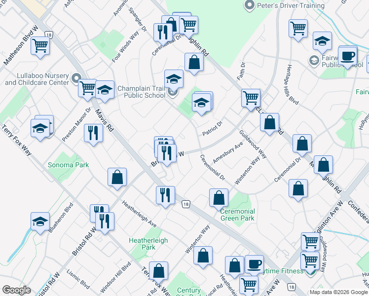 map of restaurants, bars, coffee shops, grocery stores, and more near in Mississauga