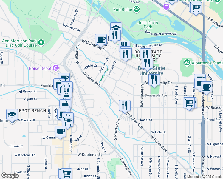 map of restaurants, bars, coffee shops, grocery stores, and more near 1605 South Joyce Street in Boise
