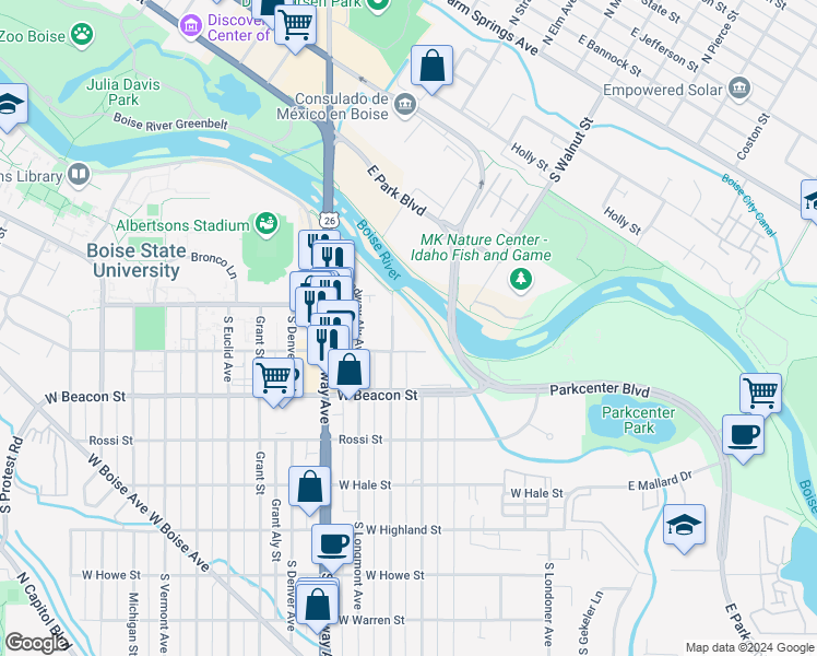 map of restaurants, bars, coffee shops, grocery stores, and more near 1030 South Leadville Avenue in Boise