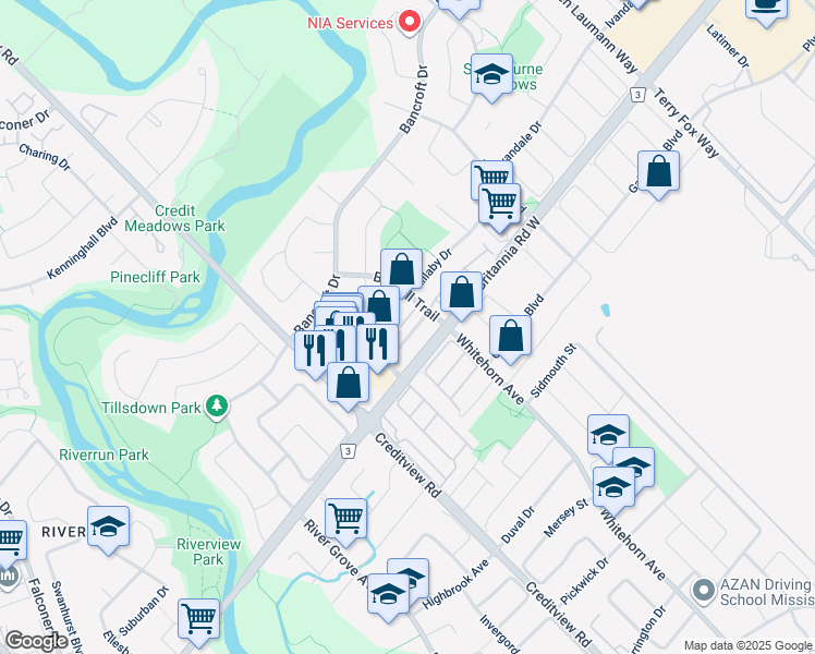 map of restaurants, bars, coffee shops, grocery stores, and more near 311-6045 Creditview Road in Mississauga