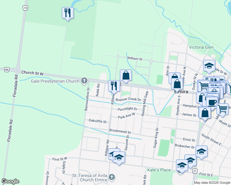 map of restaurants, bars, coffee shops, grocery stores, and more near 148 Killdeer Road in Elmira