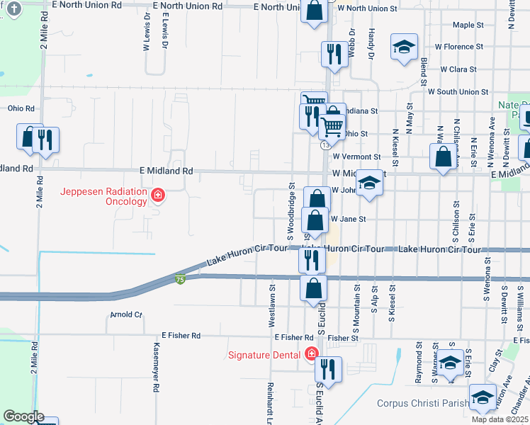 map of restaurants, bars, coffee shops, grocery stores, and more near 1302 West Jane Street in Bay City