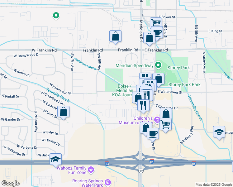 map of restaurants, bars, coffee shops, grocery stores, and more near 279 West Pennwood Street in Meridian