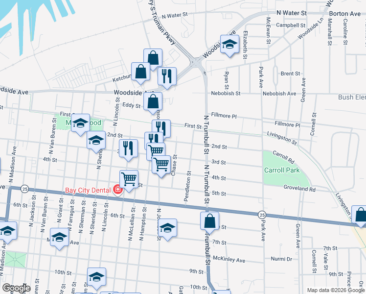 map of restaurants, bars, coffee shops, grocery stores, and more near 1910 2nd Street in Bay City