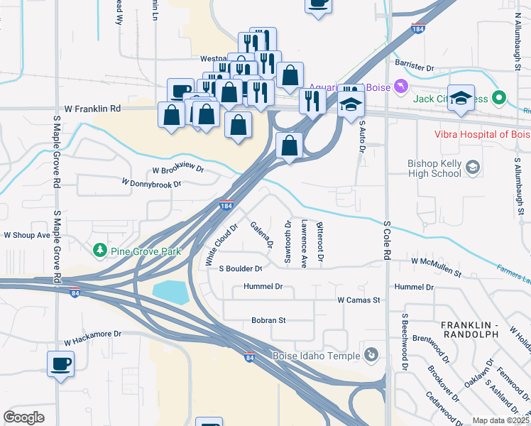 map of restaurants, bars, coffee shops, grocery stores, and more near 525 Bighorn Drive in Boise
