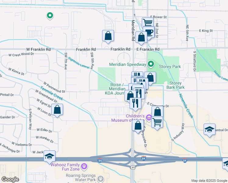 map of restaurants, bars, coffee shops, grocery stores, and more near 303 West Pennwood Street in Meridian