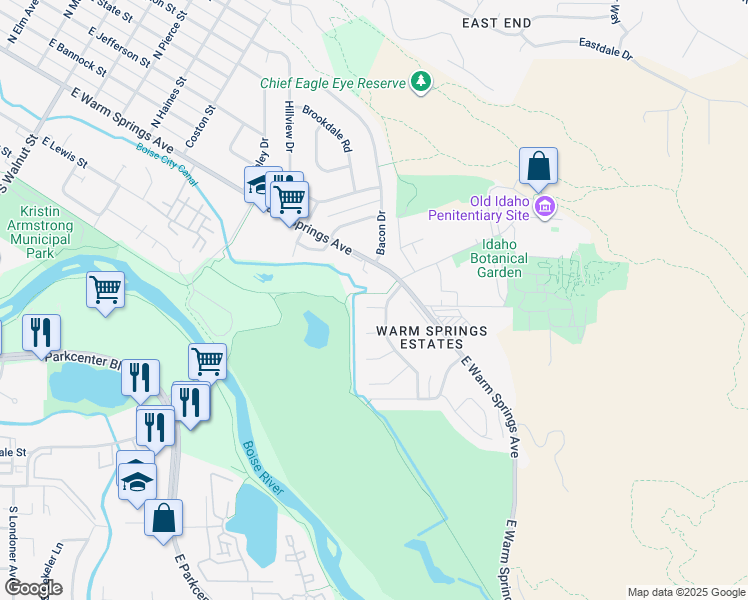 map of restaurants, bars, coffee shops, grocery stores, and more near 185 Granite Way in Boise