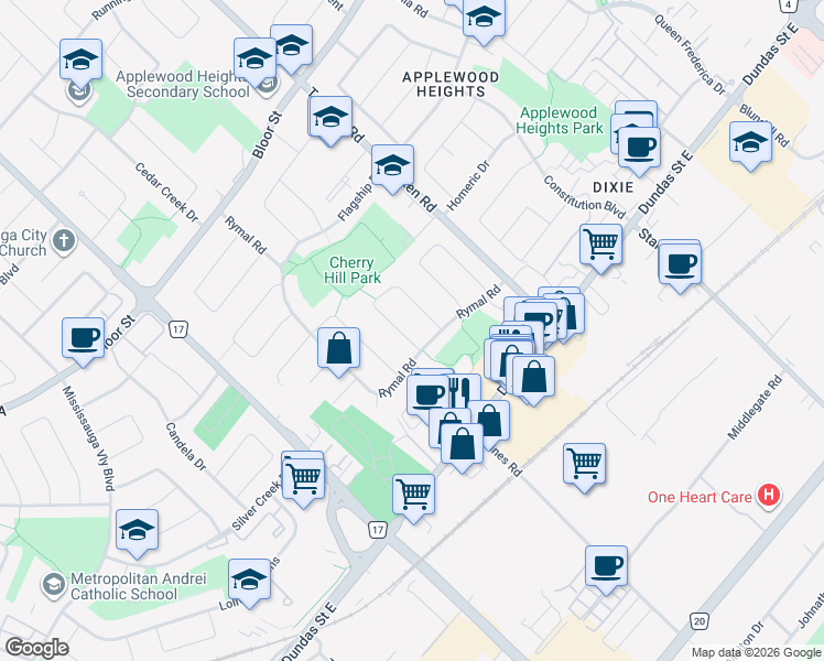 map of restaurants, bars, coffee shops, grocery stores, and more near 3250 Lednier Terrace in Mississauga