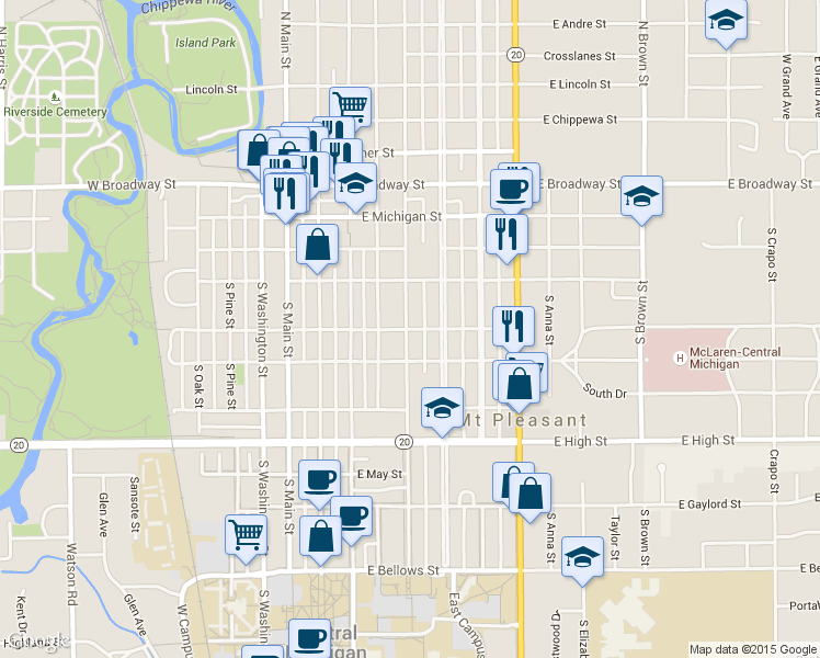 map of restaurants, bars, coffee shops, grocery stores, and more near 509 East Locust Street in Mount Pleasant
