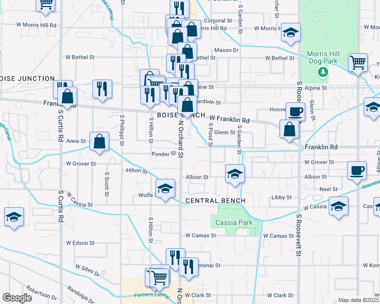 map of restaurants, bars, coffee shops, grocery stores, and more near 4821 Rose Hill Street in Boise