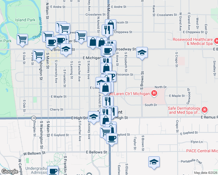 map of restaurants, bars, coffee shops, grocery stores, and more near 721 East Locust Street in Mount Pleasant