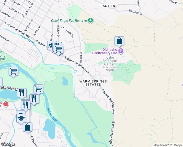 map of restaurants, bars, coffee shops, grocery stores, and more near 2200 East Warm Springs Avenue in Boise