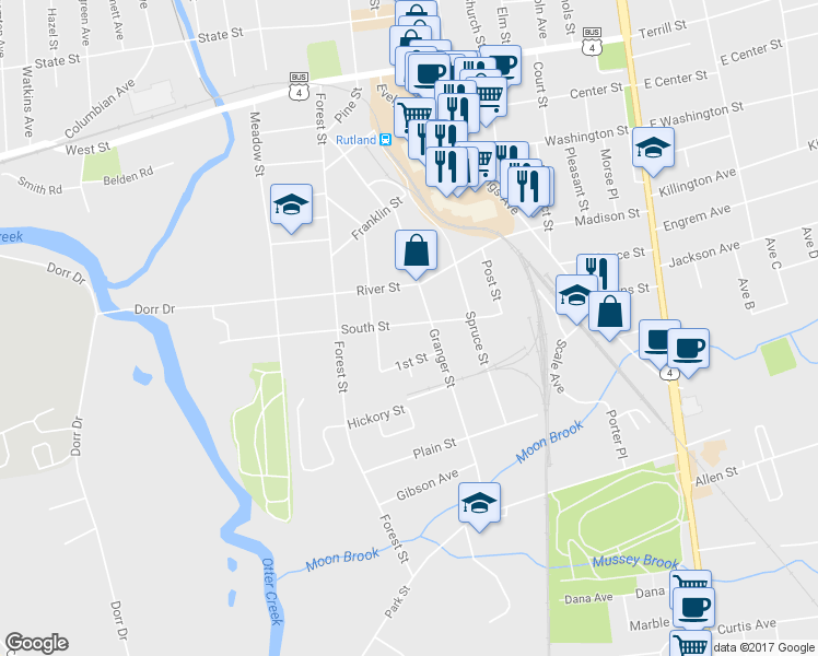 map of restaurants, bars, coffee shops, grocery stores, and more near 92 South Street in Rutland