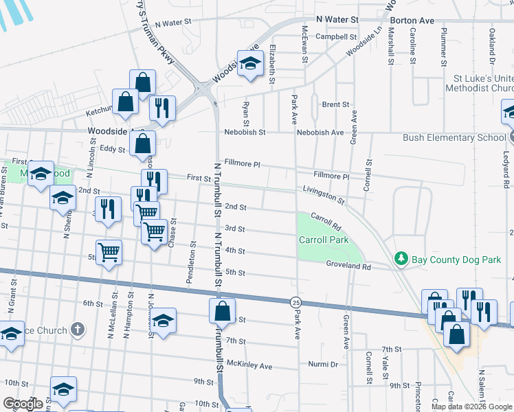 map of restaurants, bars, coffee shops, grocery stores, and more near 2143 2nd Street in Bay City