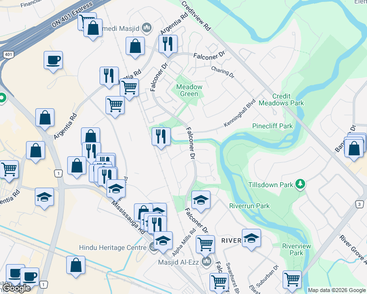 map of restaurants, bars, coffee shops, grocery stores, and more near 98 Falconer Drive in Mississauga