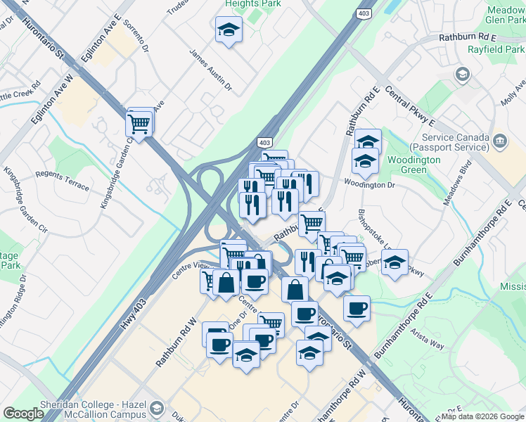 map of restaurants, bars, coffee shops, grocery stores, and more near 46 Village Centre Place in Mississauga