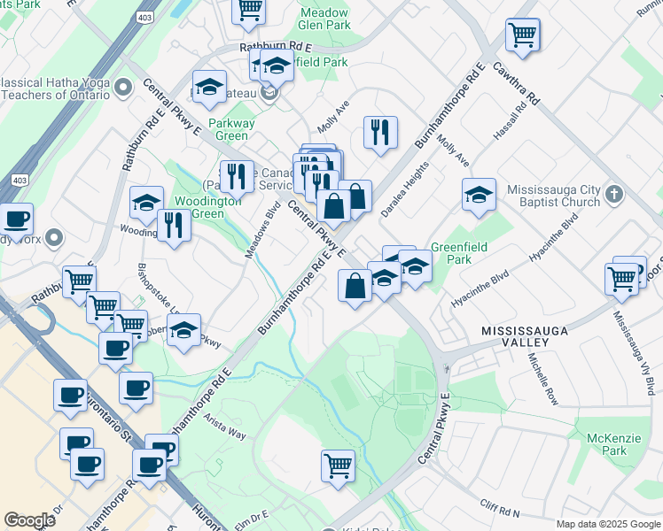 map of restaurants, bars, coffee shops, grocery stores, and more near 330 Burnhamthorpe Road East in Mississauga