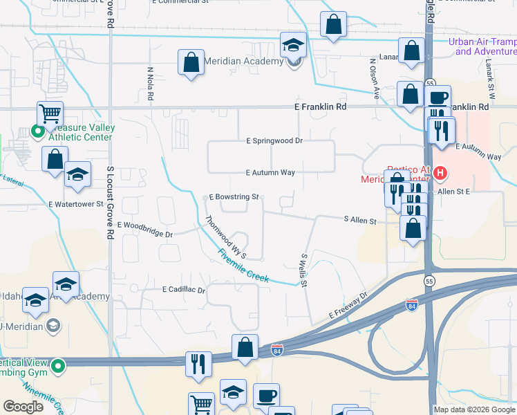 map of restaurants, bars, coffee shops, grocery stores, and more near 513 South Woodhaven Avenue in Meridian