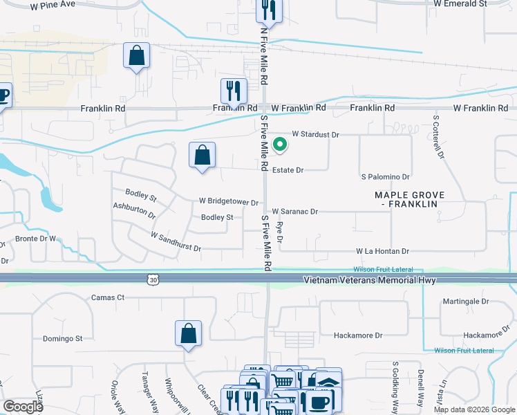 map of restaurants, bars, coffee shops, grocery stores, and more near 10609 West Bridgetower Drive in Boise