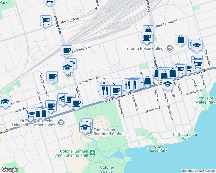 map of restaurants, bars, coffee shops, grocery stores, and more near 15 Fourteenth Street in Toronto