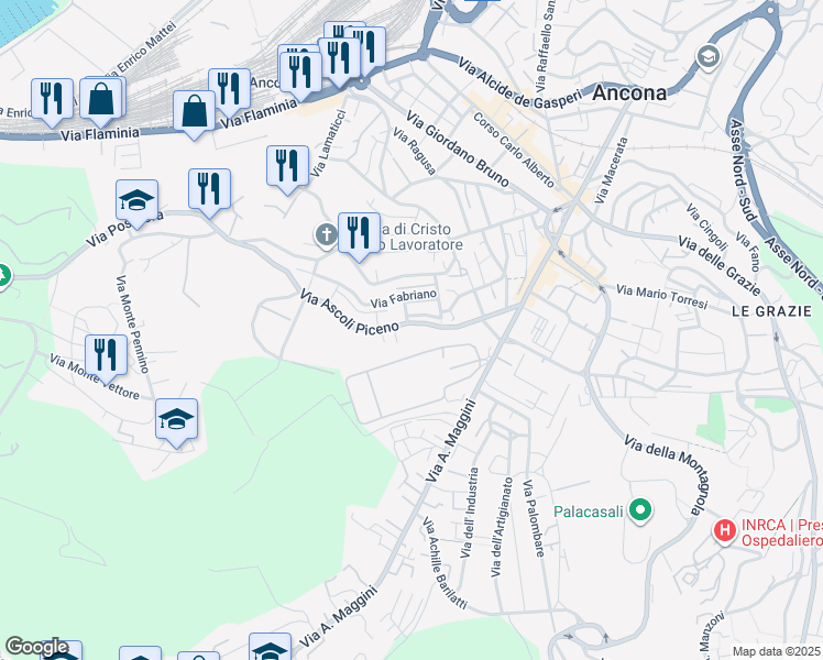map of restaurants, bars, coffee shops, grocery stores, and more near 71 Via Ascoli Piceno in Ancona