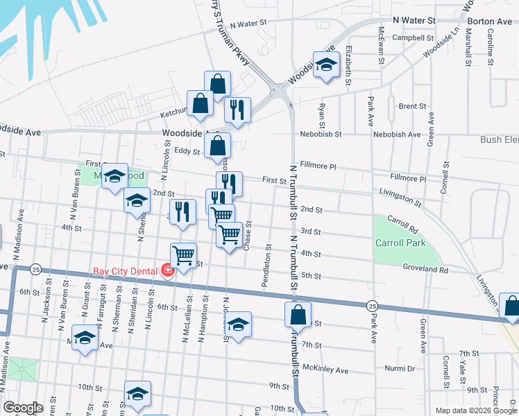 map of restaurants, bars, coffee shops, grocery stores, and more near 1910 2nd Street in Bay City