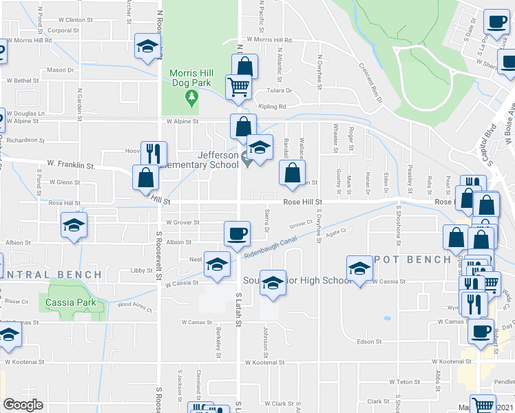 map of restaurants, bars, coffee shops, grocery stores, and more near 3705 Rose Hill Street in Boise