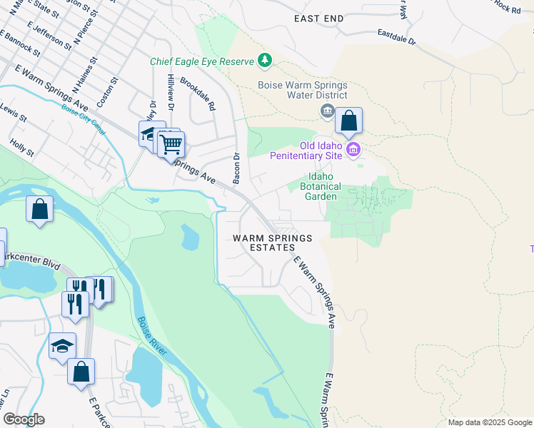 map of restaurants, bars, coffee shops, grocery stores, and more near 2200 East Warm Springs Avenue in Boise