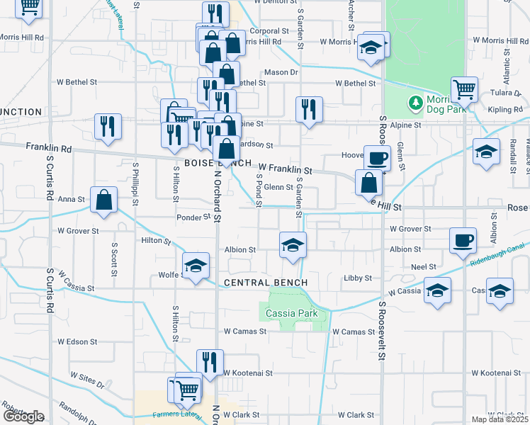 map of restaurants, bars, coffee shops, grocery stores, and more near 402 S Pond St in Boise