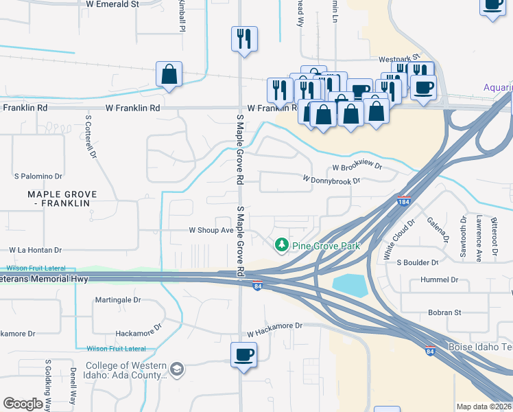 map of restaurants, bars, coffee shops, grocery stores, and more near 448 South Maple Grove Road in Boise