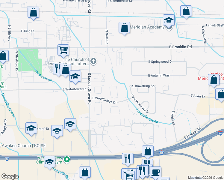 map of restaurants, bars, coffee shops, grocery stores, and more near 478 South Trunnel Avenue in Meridian