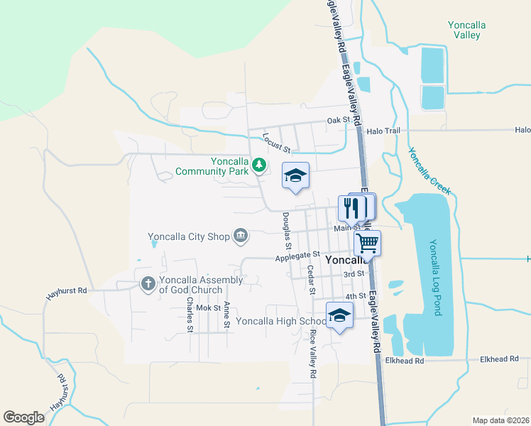map of restaurants, bars, coffee shops, grocery stores, and more near 591 1st Street in Yoncalla