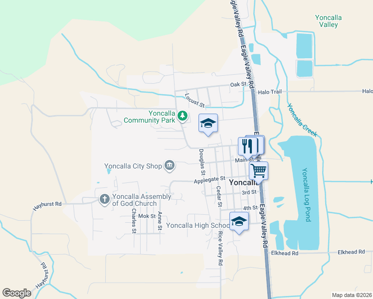 map of restaurants, bars, coffee shops, grocery stores, and more near 1st Street in Yoncalla