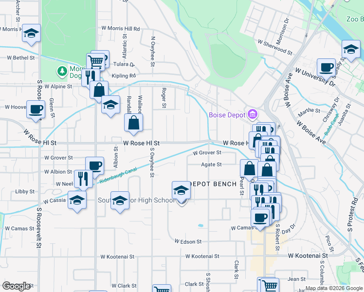 map of restaurants, bars, coffee shops, grocery stores, and more near 3217 Rose Hill Street in Boise