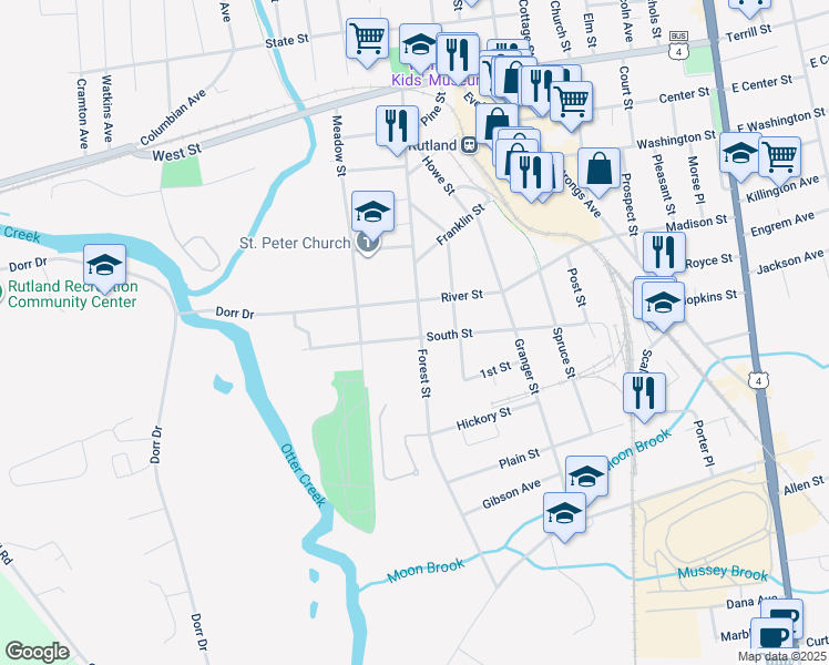 map of restaurants, bars, coffee shops, grocery stores, and more near 101 Forest Street in Rutland