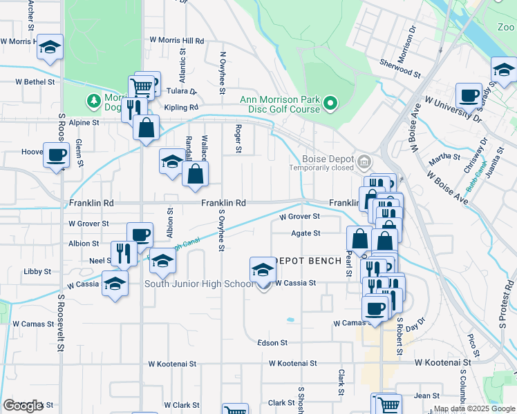 map of restaurants, bars, coffee shops, grocery stores, and more near 3217 Rose Hill Street in Boise