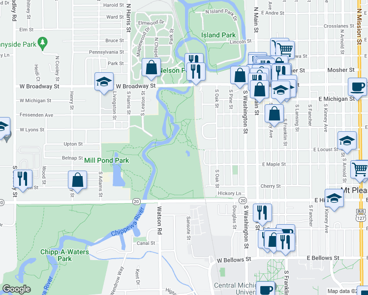 map of restaurants, bars, coffee shops, grocery stores, and more near 420 Walnut Street in Mount Pleasant